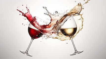 Fototapeta premium Red and white wine splash diagonal wine and dine concept