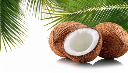 close up of fresh coconuts and palm leaves on transparent background