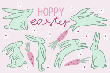 Happy hoppy Easter card with bunnies and carrots in green and pink palette