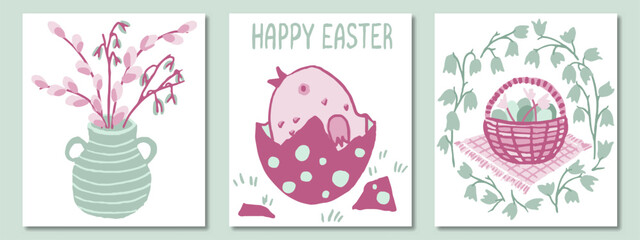 Easter cards in pink and green palette. Chick hatching from an egg, vase with pussy willow twigs, basket with eggs, bellflowers