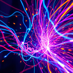 Obraz premium Dynamic Explosion: Colorful Glowing Cables in Motion - Surreal Cyber Art Light Painting