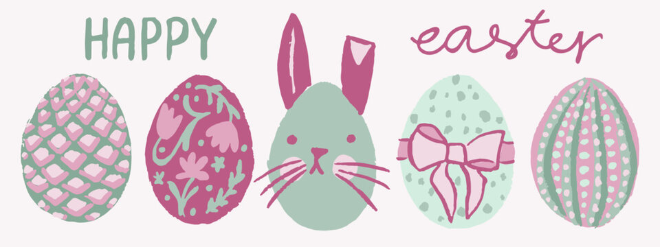 Colourful collection of painted Easter eggs, pink and green palette
