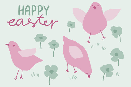 Happy Easter card with chicks and flowers in green and pink palette