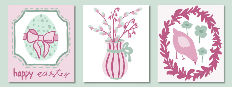Set of three Easter cards in pink and green palette. Vase, pussy willow twigs, egg, ribbon bow, chick, flower, frame