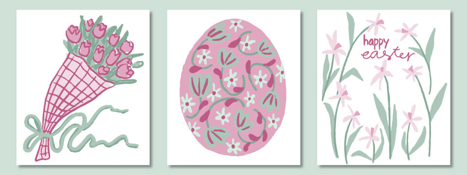 Easter cards in pink and green palette. Bouquet of flowers, egg painted with flowers, daffodils