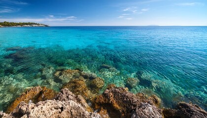 clear water at a rocky shore background