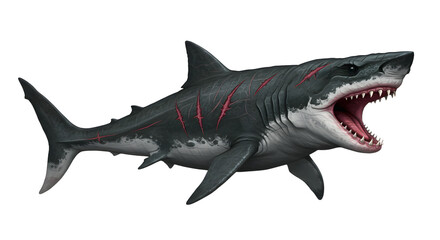 Fototapeta premium Swimming Shark with Open Mouth and Scars against White Background