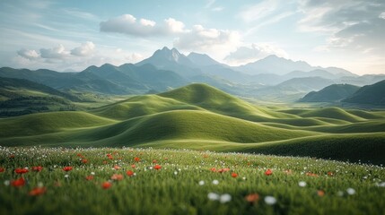 Obraz premium Lush valley with rolling hills and wildflowers