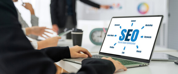 SEO search engine optimization for modish e-commerce and online retail business showing on computer...