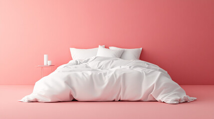 Obraz premium Modern bedroom setup with coral wall and white bedding