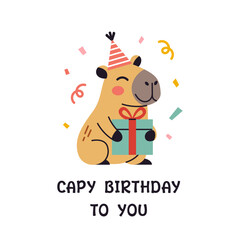 Vector capy birthday greeting card. Postcard with cute capybara with gift in flat design. Festive poster. Greeting card illustration with adorable capybara and confetti.
