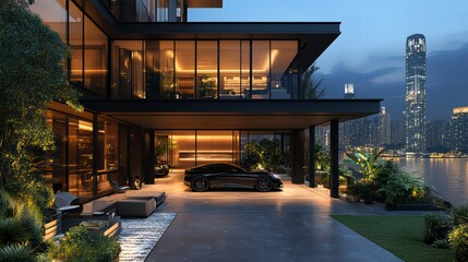 Fototapeta premium Modern Waterfront Mansion: A luxurious, modern waterfront mansion at twilight. The residence features expansive glass windows and outdoor spaces, overlooking the cityscape at night