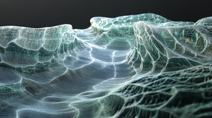 Obraz premium Digital waves. Data analysis. Binary code. Wavy Plane, Nodes and Points in Curved Space. Technological nanostructure. 3D illustration for business projects