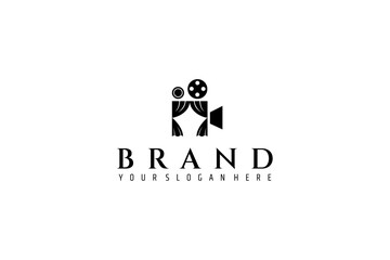 movie camera logo with cinema curtain combination in flat design