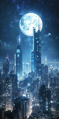 Obraz premium Midnight Metropolis: A captivating view of a modern cityscape under a starlit night sky, with the moon casting a soft glow over towering skyscrapers.