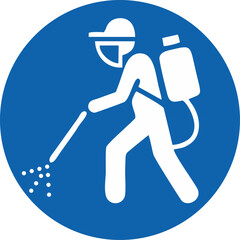 blue circular sign,  white figure wearing protective gear, using a sprayer with a backpack tank to apply chemicals or disinfectant