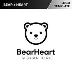 Bear + Heart Simple Negative Space Logo Template, Outline	