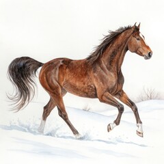 Obraz premium Brown Horse Runs Gracefully Through Snow in Winter Landscape Generative AI