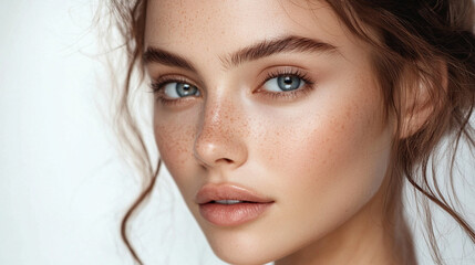 Naklejka premium Young woman with freckled skin and blue eyes