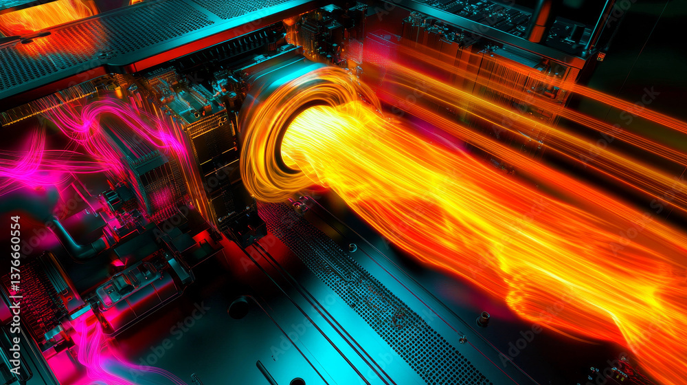 Poster quantum flow of information. strings, beams of digital flow. cpu, processor and data loop. tension, 