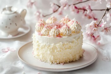 A small cake decorated with cream and pink sprinkles is displayed