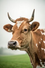 Brown and White Dairy Cow in a Green Pasture on a Cloudy Day Generative AI