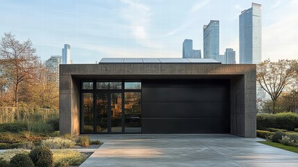 Fototapeta premium Modern Architecture: A sleek, contemporary building showcases a minimalist design with clean lines, expansive windows, and a blend of natural elements.