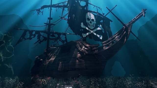 Underwater Pirate Galleon Shipwreck - Loop - Fantasy Seascape Ocean Background