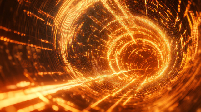 Neon rays virtual flight. 3D illustration of computer code flowing inside cable. High-speed data transmission tunnel. Internet Gateway Data Flow