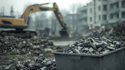 Demolition Site: An excavator looms behind a bin overflowing with concrete rubble, set against a backdrop of a partially demolished building.
