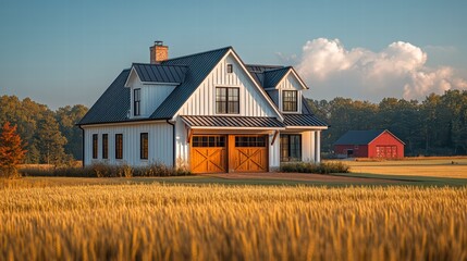 Obraz premium Countryside Home: A picturesque countryside home with a stunning architectural design stands amidst golden fields, offering a tranquil and inviting glimpse into rural living.