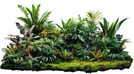 Obraz premium Lush Green Plants and Ferns Growing on Mossy Ground on White