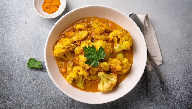 cauliflower stew with curry cumin turmeric and other spices in a white bowl on a grey concrete background top view curry roasted cauliflower