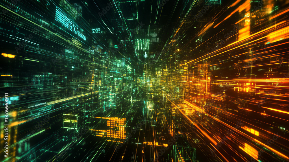 Poster dig data concept. information flows in cyberspace. blockchain technology. global digital network of 
