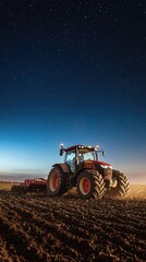 Obraz premium Modern Tractor Working Under Starry Night Sky in Agricultural Field