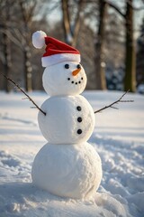 Fototapeta premium Snowman Wearing a Red Hat Stands in a Winter Wonderland Generative AI