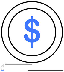 Blue dollar symbol centered in concentric circles, below a hand click gesture symbolizing choice. Ideal for economy, finance, investment, savings, payment, digital tools, flat simple metaphor