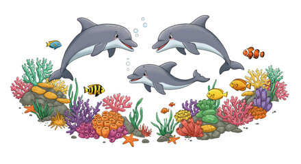 Obraz premium Dolphins Swimming in Coral Reef Cartoon Illustration for Children