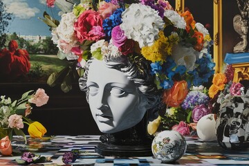 A beautiful arrangement of flowers crowning a classical bust, evoking art and aesthetic charm. The composition of colorful blooms offers a stunning contrast to the sculpted stone