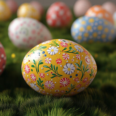 a close up for one special easter egg lie in the grass. in the background are a lot of blured eggs with some flowers 