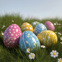 diffrend easter eggs lie in the grass with withe flowers all around the eggs with blue sky.