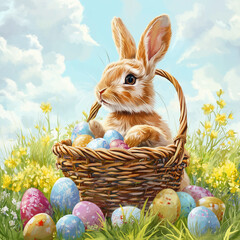 easter bunny in a basket with the easter esggs. The basket are in the grass with blue sky and some clounds in the background