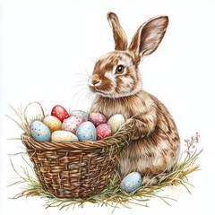 easter bunny with a lot of easter eggs in a basket. the bunny sit in the grass
