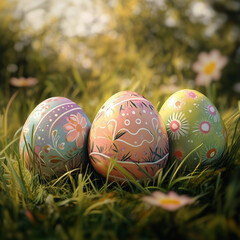three easter eggs hidden in the forest. with the sunset light in the background with flowers