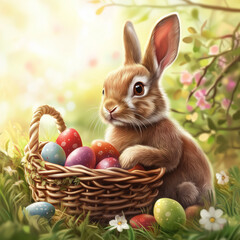 easter bunny with easter eggs in the basket in the sunlight with a lot of flowers in the backgrounds.