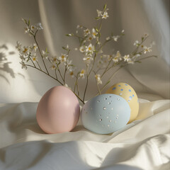 three colorful easter eggs with a branch in the background. The branch have withe flowers on it. the background is withe 