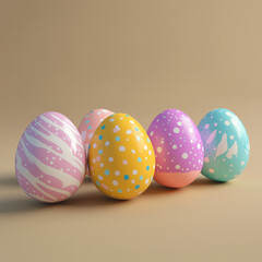 five diffrend easter eggs for easter and a blured beige background all egg in a diffrend color. for the easter celebration