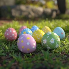 Easter eggs with colorful pattern on it. lie in the grass. blured forest background. some of them have a flower pattern on it.