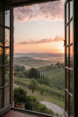 Fototapeta premium Breathtaking Sunset View From Rustic Window in Tuscany Generative AI