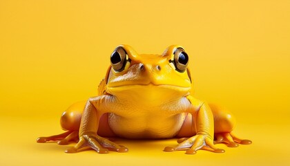 a vibrant yellow frog sitting against a matching yellow background its eyes wide and curious